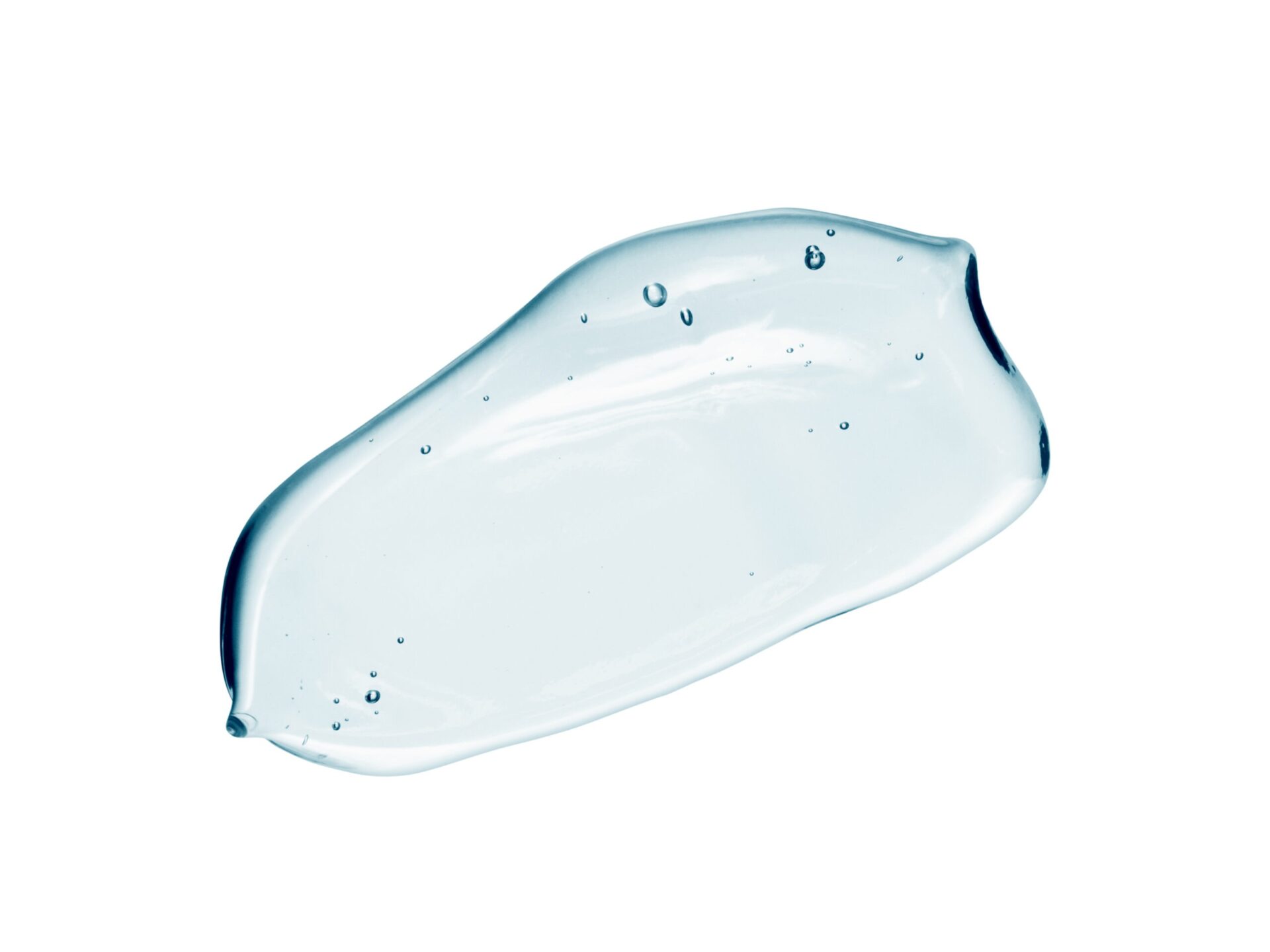 Serum texture, clear blue cosmetic liquid gel with bubbles smudge isolated on white background. Transparent cream, moisturizer close-up. Beauty product macrophotography